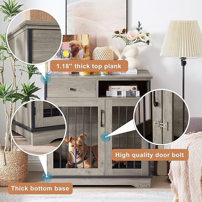 32Inch Dog Crate Wooden Lockable Dog Kennel with Removable Tray and Storage Drawer Indoor Dog Crate Furniture End Table Pet Cage 32.3'' W x 22.8'' D x 33.5'' H Grey