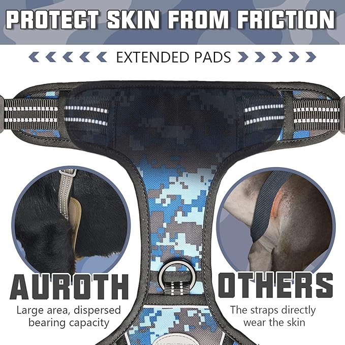 Auroth Tactical Dog Training Harness No Pulling Front Clip Leash Adhesion Reflective K9 Pet Working Vest Easy Control for Small Medium Large Dogs Blue Camo XL
