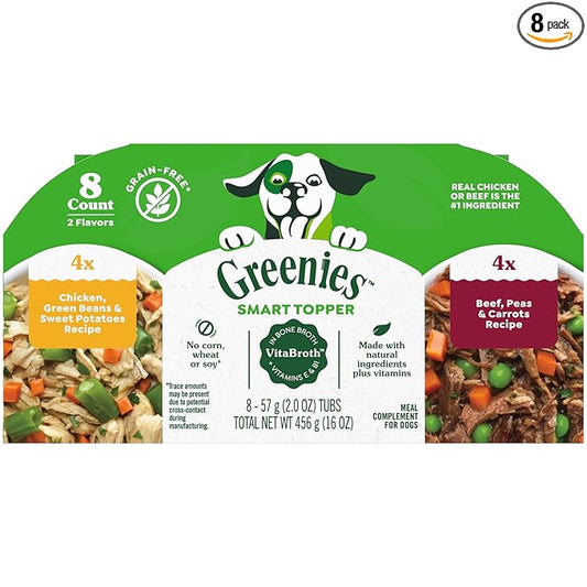 Greenies Smart Topper High Protein Wet Mix-in for Dogs, Chicken, Green Beans, and Sweet Potatoes Recipe & Beef, Peas, and Carrots Recipe Variety Pack, 2oz. 8 Trays