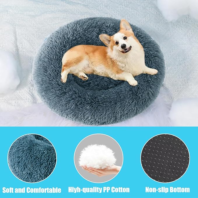 HYQ Small Dog Bed, Cat Beds for Indoor Cats, Pet Beds for Small Dogs, Fluffy Faux Fur Plush Small Dog Bed, Washable Puppy Bed with Anti-Slip Bottom, Dog Bed Small Size Dog (Blue Gray, 20 Inch)