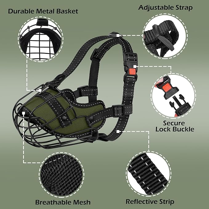 OOPSDOGGY Pitbull Dog Muzzle Reflective Metal Mask Secure Wire Basket Muzzle for Large Sized Dogs Amstaff Soft Cage Muzzle to Prevent Biting Chewing with Adjustable Nylon Straps (Green, Pitbull)