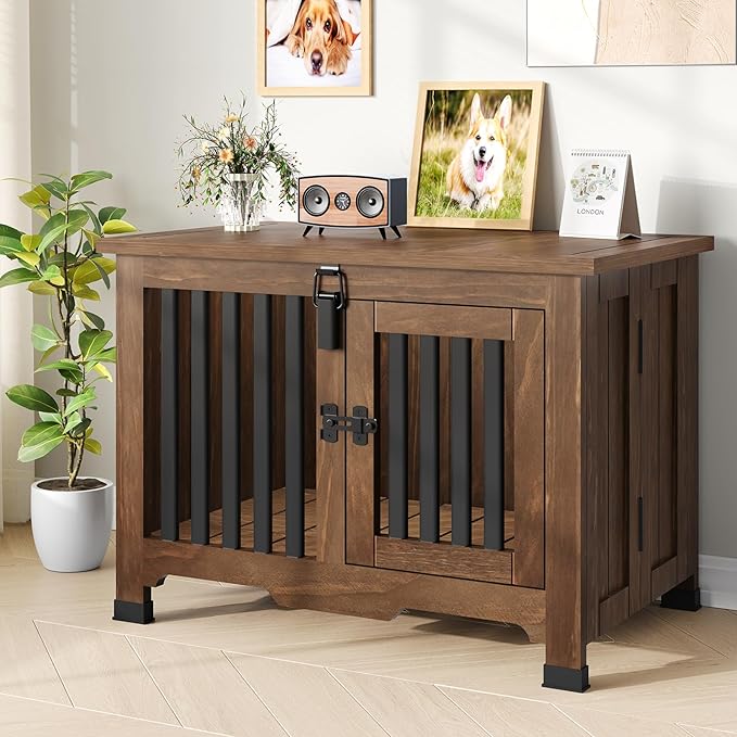 Wooden Dog Crate Furniture,Foldable and Portable Dog Kennel Furniture Indoor,Decorative Dog Crate End Table No Assembly.(Medium,Maroon)