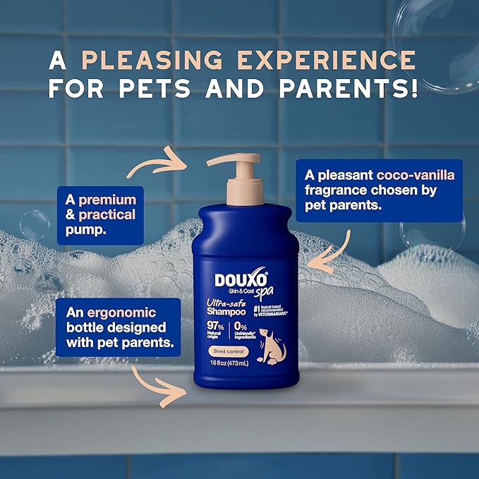 DOUXO® Skin & Coat SPA - Ultra-Safe Dog Shed Control Shampoo, 16 fl oz, Reduces Excessive Shedding, Cleans and Hydrates The Skin, Leaves The Coat Soft, Strengthened and Radiant, Skin-Friendly Formula