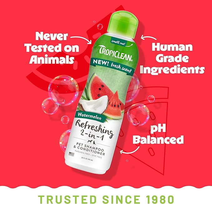 TropiClean 2-in-1 Dog Shampoo and Conditioner, Moisturizing Dog Detangler, Puppy Safe, Made in the USA, Watermelon Scent, Cat & Kitten Safe, 20oz.