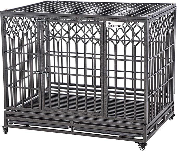 SMONTER 46" Heavy Duty Dog Crate Strong Metal Pet Kennel Playpen with Two Prevent Escape Lock, Large Dogs Cage with Wheels, Y Shape, Dark Silver …