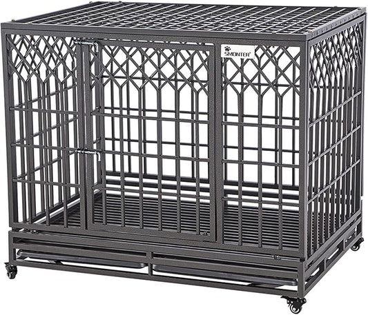 SMONTER 46" Heavy Duty Dog Crate Strong Metal Pet Kennel Playpen with Two Prevent Escape Lock, Large Dogs Cage with Wheels, Y Shape, Dark Silver …
