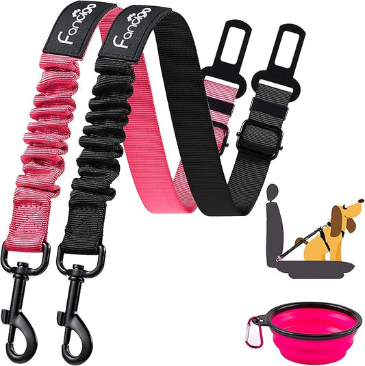 Dog Seat Belt for Car. 2 Pack Adjustable Dog Safety Seatbelt. Adjustable Strap, Strong Nylon Fabric, Bungee Buffer Dog Puppy Car Seat Belt. (Black+Pink)