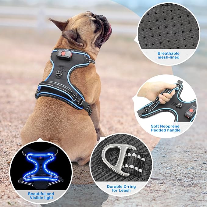 Light Up Dog Harness No Pull LED Dog Harness with Handle Vizbrite Rechargeable Lighted Dog Vest Harness for Small/Medium/Large/X-Large Size Dogs No Pull, 4 Point Adjustable Dog Harness