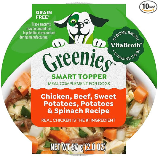 Greenies Smart Topper High Protein Wet Mix-in for Dogs, Chicken, Beef, Sweet Potatoes, Potatoes & Spinach Recipe in Vitabroth™ Broth- Bone Broth + Vitamins E & B1, Pack of 10