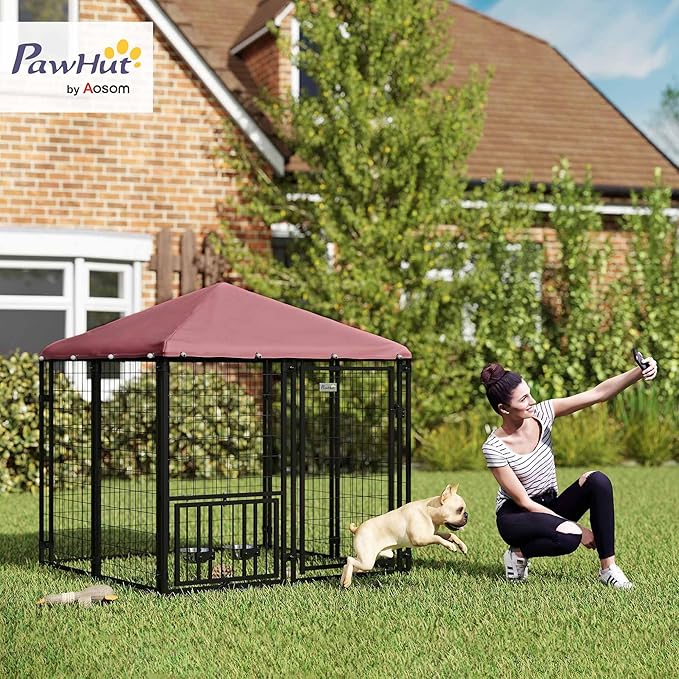 PawHut 4.6' x 4.6' x 5' Outdoor Dog Kennel, Welded Wire Heavy Duty Dog Run with 360° Rotating & 4 Level Adjustable Bowls, Dog Kennel Outside with Waterproof & UV Resistant Cover, for S&M Dogs