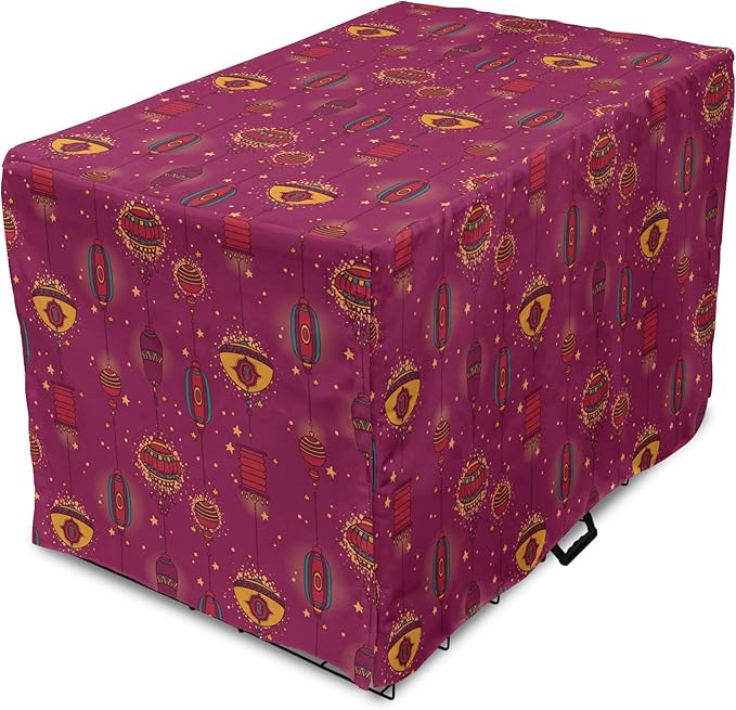 Lunarable Folkloric Dog Crate Cover, Cultural Inspirations Oriental Party Celebration Art Traditional Design, Easy to Use Pet Kennel Cover for Cats & Medium Dogs, 24 Inch, Magenta and Yellow