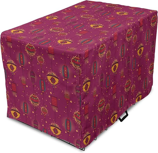 Lunarable Folkloric Dog Crate Cover, Cultural Inspirations Oriental Party Celebration Art Traditional Design, Easy to Use Pet Kennel Cover for Cats & Medium Dogs, 24 Inch, Magenta and Yellow