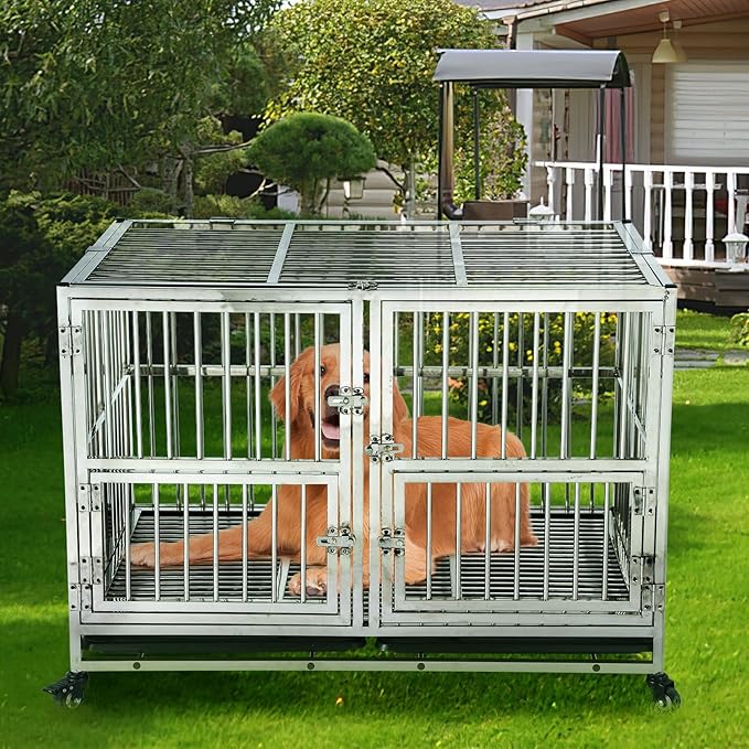 48 Inch Heavy Duty Indestructible Dog Crate, Stainless Steel Dog Cage Kennel with Lockable Wheels, High Anxiety Dog Crate with Double Door, Extra Large Crate Indoor for Large Dogs with Removable Tray