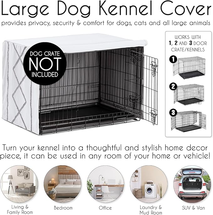 Sweet Jojo Designs 48in. Large Dog Crate Cover (Grey Boho Modern Tuft) Pet Cage, Kennel Covers (Bohemian, Farmhouse, Shabby Chic, Designer, Neutral, Elegant, Minimalist, Gray and White Tufted Cotton)