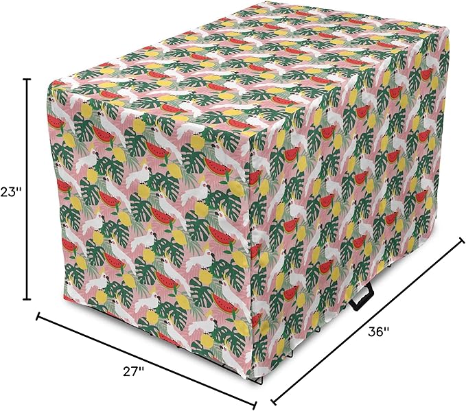 Ambesonne Summer Dog Crate Cover, Cockatoo Parrot in Exotic Forest Watermelon Slices Monstera Lemons Pattern, Easy to Use Pet Kennel Cover for Medium Large Dogs, 36 Inch, Rose and Multicolor