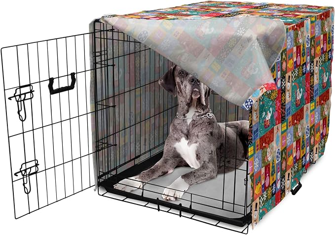 Lunarable Christmas Dog Crate Cover, Modern Design Theme Funny Xmas Winter Patterns Theme, Easy to Use Pet Kennel Cover for Medium Large Dogs, 48 Inch, Red Blue
