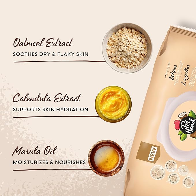 Pet Head Sensitive Soul Dog & Cat Wipes for Paws, Body & Face | Coconut Scent with Aloe Vera | Biodegradable, Plant-Based and Plastic-Free Wipes | an Easy & Speedy Freshen-Up | Made in USA | 100 Pack