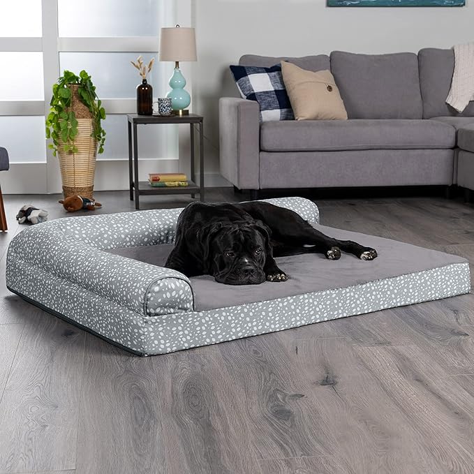Furhaven Orthopedic Dog Bed for Large Dogs w/ Removable Bolsters & Washable Cover, For Dogs Up to 125 lbs - Plush & Almond Print L Shaped Chaise - Gray Almonds, Jumbo Plus/XXL