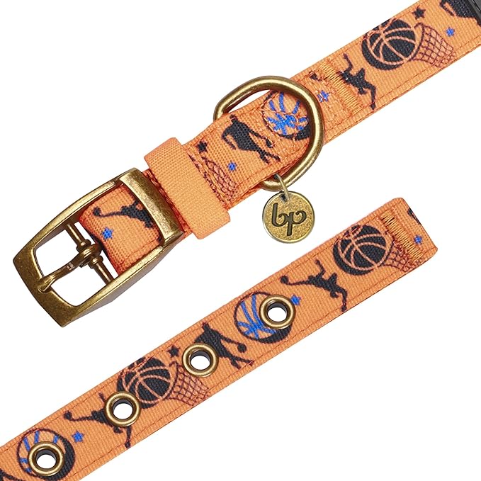 Blueberry Pet 5 Patterns Sports Fan Basketball Canvas Adjustable Dog Collar with Metal Buckle - Passion Orange, Neck 13-16.5", for Medium Breed
