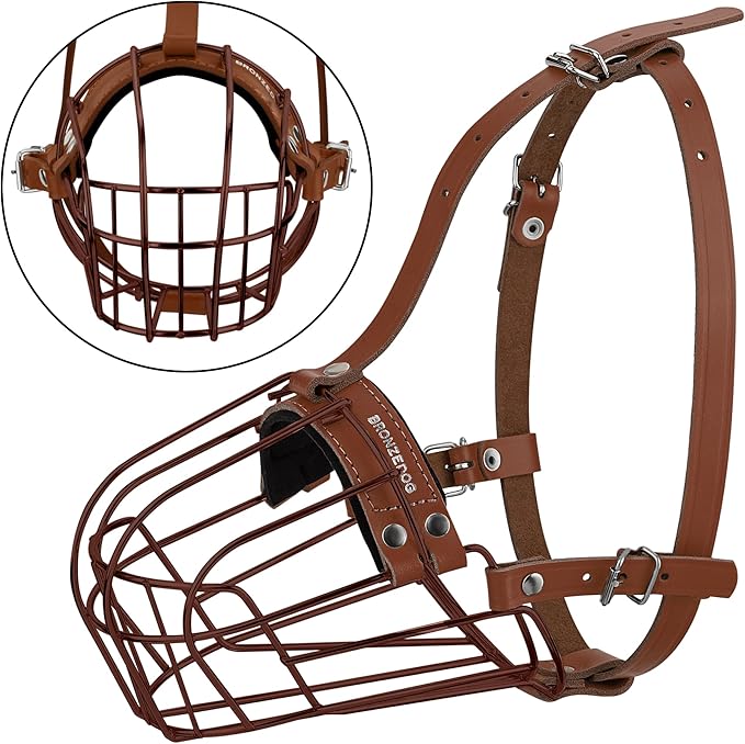 BRONZEDOG Pitbull Dog Muzzle Metal Mask Amstaff Wire Basket Pit Bull Adjustable Leather Straps for Large Dogs (Brown)