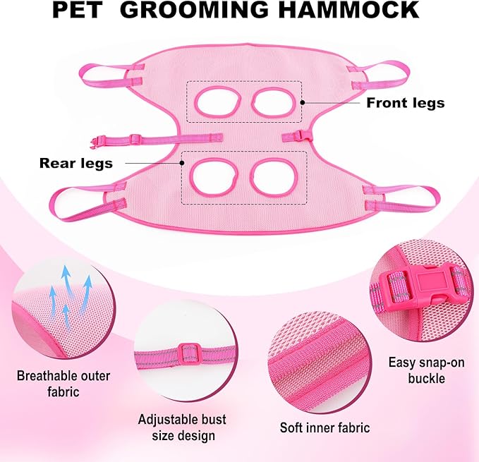 Dog Grooming Hammock - Adjustable Pet Grooming Hammock for Cats& Dogs, Breathable Dog Hanging Sling Holder with Nail Clippers& Nail File (Pink, Medium)