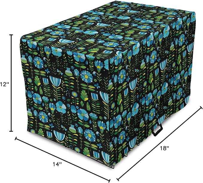 Lunarable Floral Dog Crate Cover, Abstract Flower Bouquets Dragonflies Ladybugs Butterflies on Dark, Easy to Use Pet Kennel Cover for Small Dogs Puppies Kittens, 18 Inch, Blue Green and Charcoal Grey