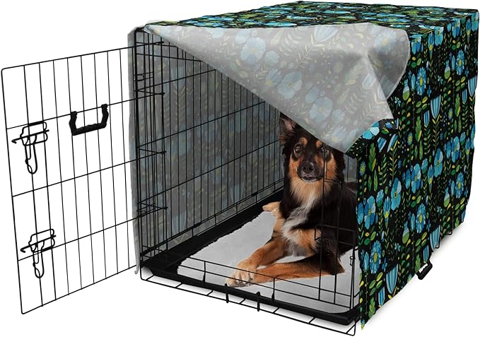 Lunarable Floral Dog Crate Cover, Abstract Flower Bouquets Dragonflies Ladybugs Butterflies on Dark, Easy to Use Pet Kennel Cover for Medium Large Dogs, 36 Inch, Blue Green and Charcoal Grey