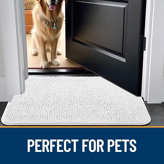 OLANLY Dog Door Mat for Muddy Paws 30x20, Absorbs Moisture and Dirt, Absorbent Non-Slip Washable Mat, Quick Dry Chenille, Mud Mat for Dogs, Entry Indoor Door Mat for Inside Floor, White