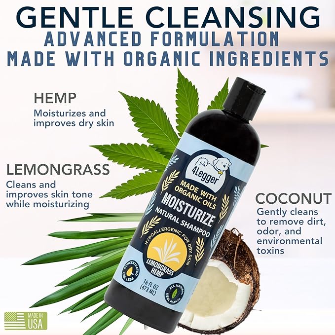 Organic Dog Shampoo, Dry, Itchy Skin and Coat Relief, Coconut Oil, Lemongrass Hemp Dog Shampoo, Puppy Shampoo 16 oz