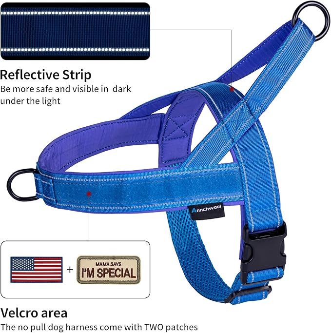 Annchwool No Pull Dog Harness with Soft Padded Handle,Reflective Strip Escape Proof and Quick Fit to Adjust Dog Harness,Easy for Training Walking for Small & Medium and Large Dog(Blue,XL)