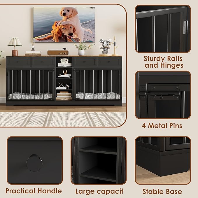 82” Double Dog Crate Furniture, Large Dog Kennel Indoor for 2 Dogs, Heavy Duty Wooden Dog Crate TV Stand with 4 Drawers and Shelves, Black