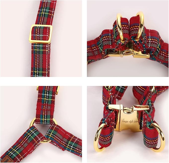 Unique style paws Red Plaid Dog Harness Adjustable Harnesses Durable Hardware with Bowtie for Small Medium Large Dog-Christmas Style-XS