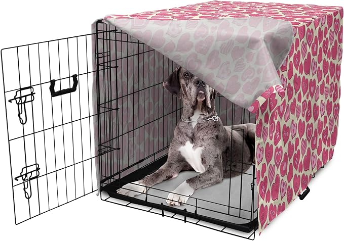Lunarable Hearts Dog Crate Cover, Valentines Day Inspired Heart Designs with Various Styles Curved Lines Flowers Bows, Easy to Use Pet Kennel Cover for Medium Large Dogs, 48 Inch, Cream Pink