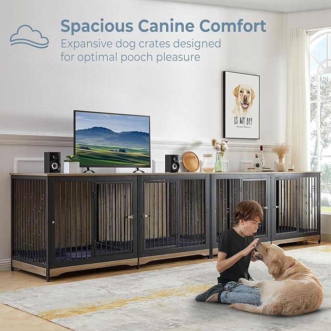 71'' Dog Crate Furniture for 2 Dogs, Wooden Double Dog Crate Large Breed with Door, XXL Indoor Dog Kennel TV Stand End Table with Divider for Large Medium Dogs, Grey