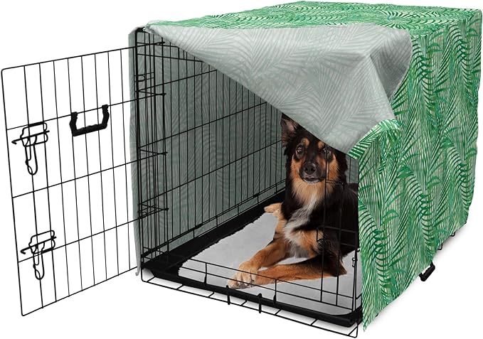 Lunarable Fern Pattern Dog Crate Cover, Background Illustration Covered with Palm Tree Leaves Art Print, Easy to Use Pet Kennel Cover for Medium Large Dogs, 36 Inch, White and Fern Green