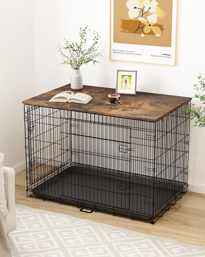 Piskyet Dog Crate Topper Wood Countertop for 48 42 36 30 24 inch Dog Cage, Dog Crate Cover,Dog Kennel Topper(Crate Not Include) (Rustic Brown, for 24 Inch Crate)
