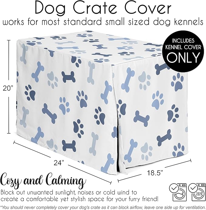 Sweet Jojo Designs 24in. Small Dog Crate Cover (Bones and Paw Prints) for Boys Pet Cage, Kennel Covers (Modern, Cartoon, Doggy, Puppy, Neutral, Paws Print, Whimsical, Slate Navy Blue and Off White)