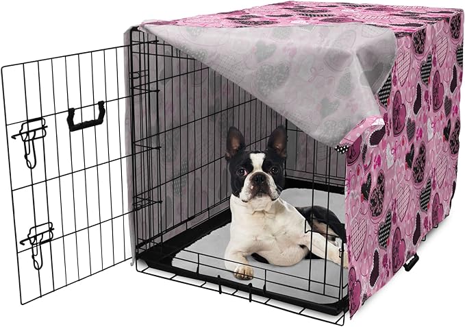Lunarable Hearts Dog Crate Cover, Sewing Themed Love with Polka Dots Valentine's Day Inspired Image, Easy to Use Pet Kennel Cover for Small Dogs Puppies Kittens, 22 Inch, Pink Black White