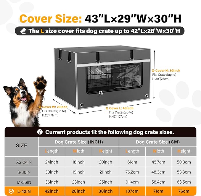Dog Crate Cover 42 Inch Heavy-Duty Insulated & Breathable – Dog Kennel Cover for 42’’L×28’’W×30’’H Wire Crates. Adjustable Light & Ventilation, Anxiety Relief Design, Gray (Cover Only