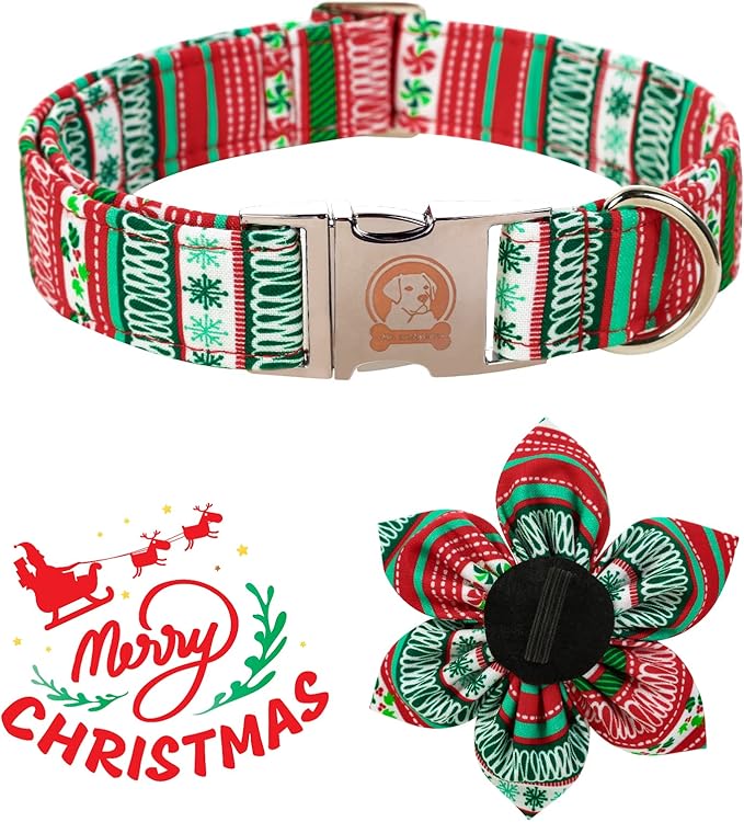 MR. CHUBBYFACE Christmas Plaid Flower Dog Collar for Boy Girl Dogs Adjustable Red Green Dog Collar with Flower for Small Medium Large Dogs