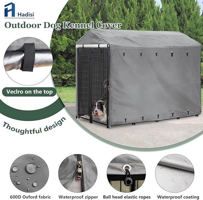 Outdoor Dog Kennel Cover Full Coverage Windproof Anti-UV 8'Dx4'Wx6'H.Waterproof Dog Kennel Cover for Multiple Brands of Dog Kennels,Cover Only,Grey.(Patent Pending)