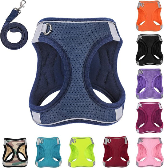 Dog Harness with Leash Set, No-Pull Step-in Reflective Pet Harness with 1 Leash Clips, Adjustable Soft Padded Easy Walk Dog Vest for Small Medium Large Dogs, Cats(Dark Blue, Large)