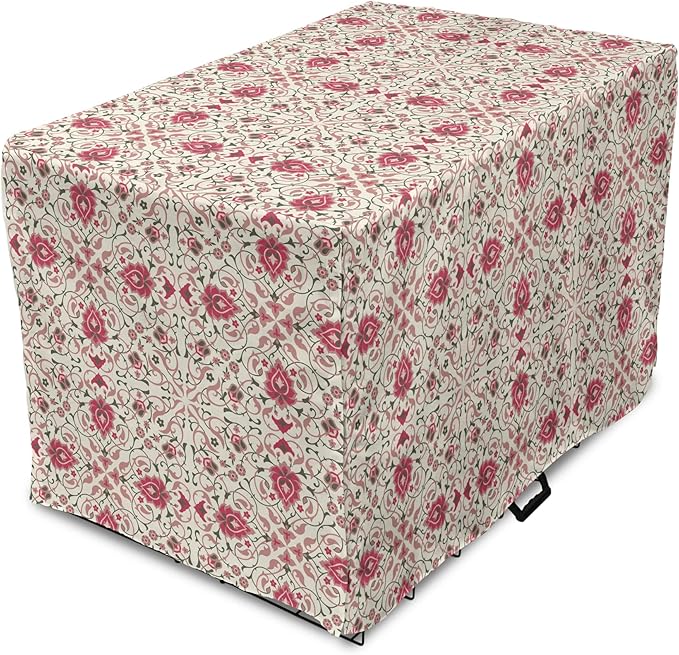Lunarable Traditional Dog Crate Cover, Lotus Motif with Petals Swirled Stalks and Leaves, Easy to Use Pet Kennel Cover for Medium Large Dogs, 42 Inch, Champagne Dried Rose