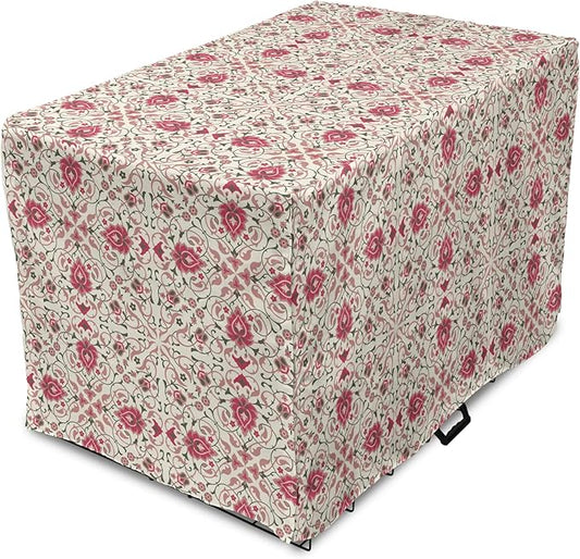 Lunarable Traditional Dog Crate Cover, Lotus Motif with Petals Swirled Stalks and Leaves, Easy to Use Pet Kennel Cover for Medium Large Dogs, 42 Inch, Champagne Dried Rose