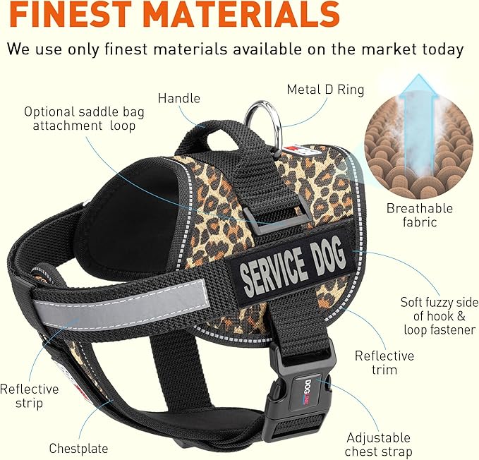 Dogline Unimax Dog Harness Vest with Service Dog Patches Reflective No-Pull, Adjustable Straps, Breathable Neoprene for Medical, Service, Identification and Training Dogs Girth 28 to 38" Leopard Brown