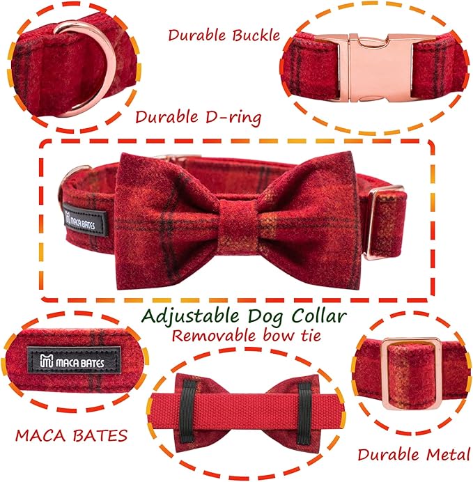 MACA Bates Dog Christmas Red Woolen Collar with Nylon- Warm and Soft Bows Dog Collar for Large Medium Small Dogs, Adjustable Dog Collar with Metal Buckle for Boy and Girl in Winter, XS Puppy Collar