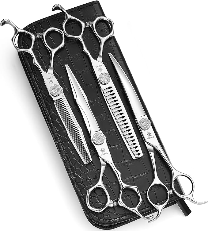 GLADOG Luxury Dog Grooming Scissors Set - 7" Straight, 6.5" Thinning, 7" Chunkers, 7" Curved Dog Shears for Grooming - 9CR Steel, Professional Grooming Kit, Pet Grooming Scissors for Dog and Cats