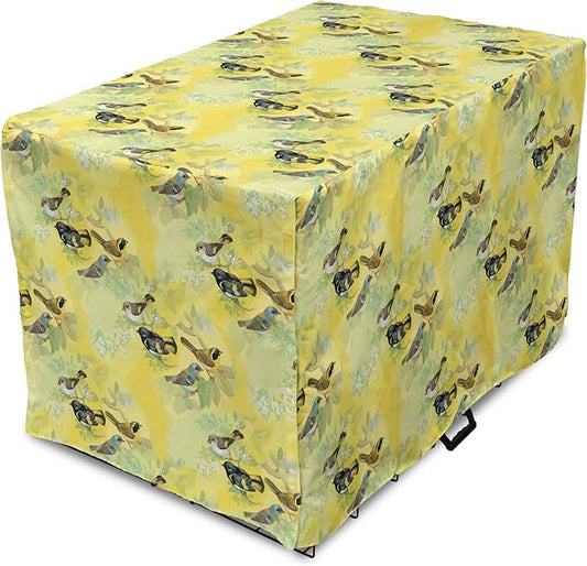 Ambesonne Bird Dog Crate Cover, Little Birds on Spring Branches in Watercolor Style Repetitive Pattern, Easy to Use Pet Kennel Cover for Medium Large Dogs, 36 Inch, Yellow and Multicolor