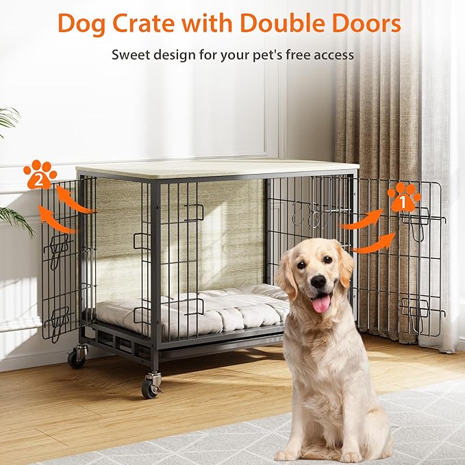 Dog Crate Furniture, 27.2" Modern Double-Door Dog House with Pull-Out Tray, Heavy-Duty Wooden Kennel & Removable Wheels, Side Table for Small Dog Sizes, Rustic Gray