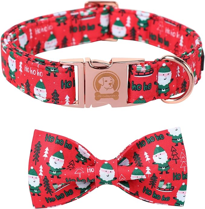 MR. CHUBBYFACE Santa Claus Dog Collar with Bowtie, Cotton Boy Girl Dog Collars with Metal Buckle Cute Christmas Collars for Puppy Small Medium Large Dogs